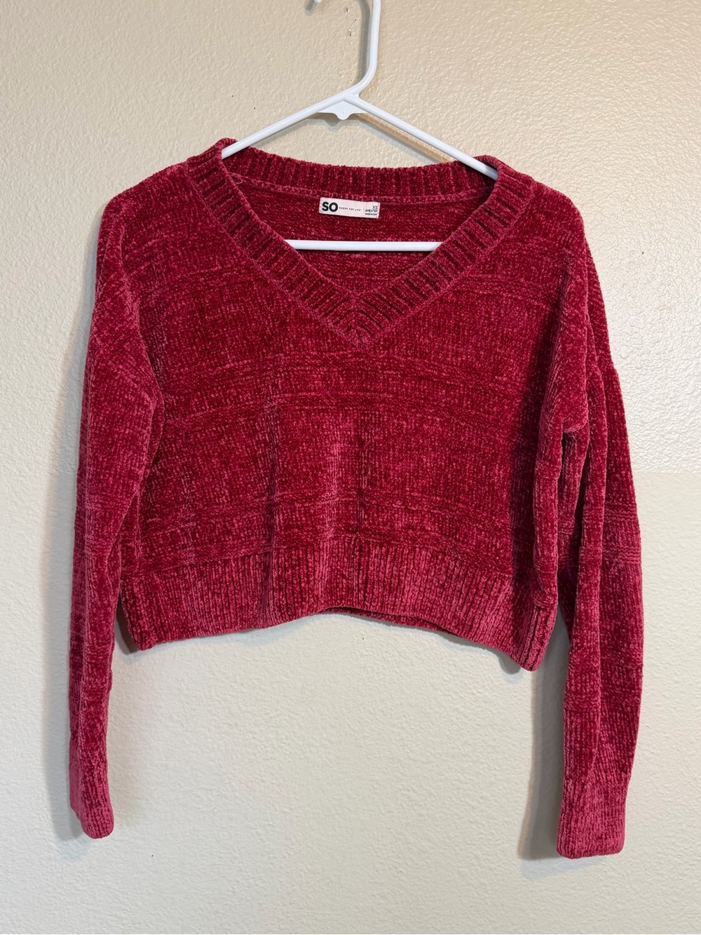 SO Red Chenille V-Neck Cropped Sweater